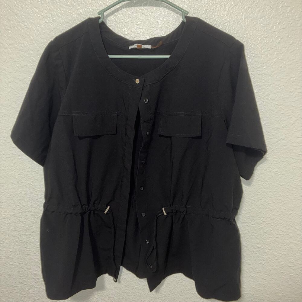 Calvin Klein Collared Button Front Cinch Waist Rib Top Black